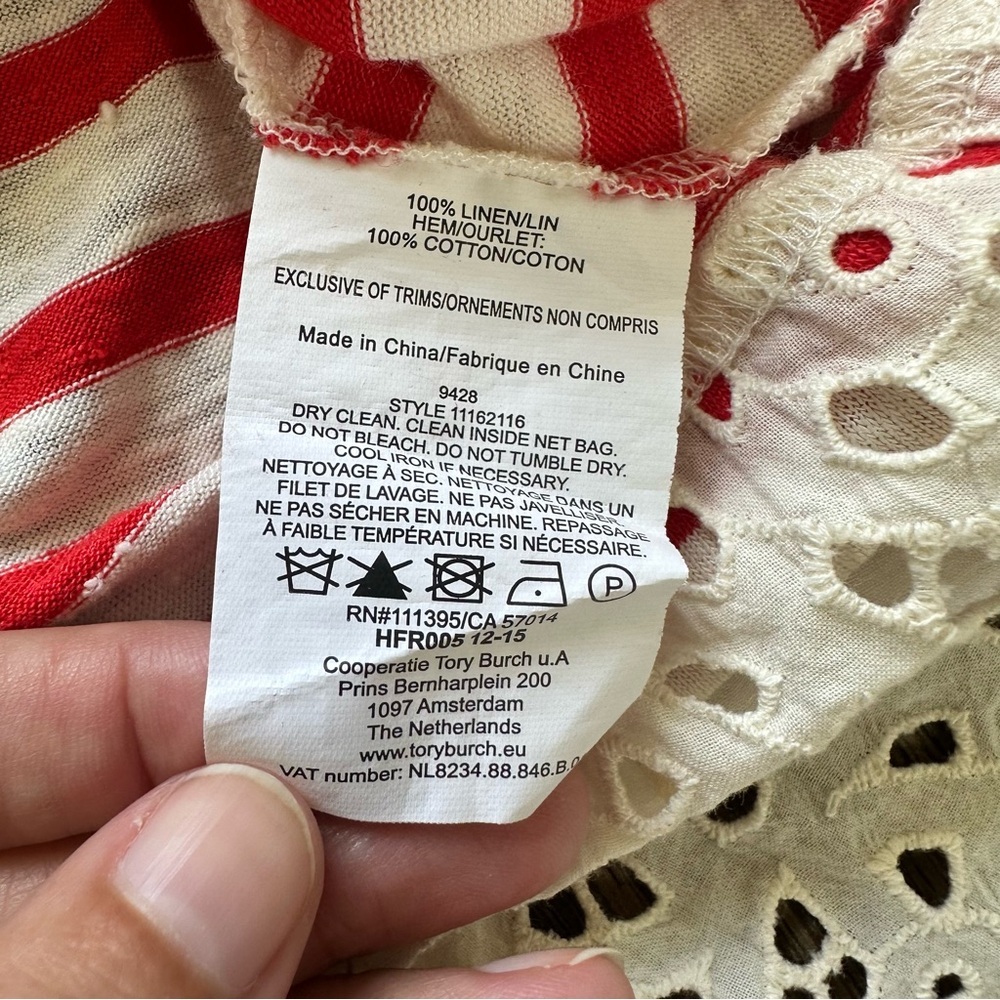 TORY BURCH Womens Linen Striped Top Blouse Medium Eyelet Lace Hem Red Layered - Picture 4 of 7